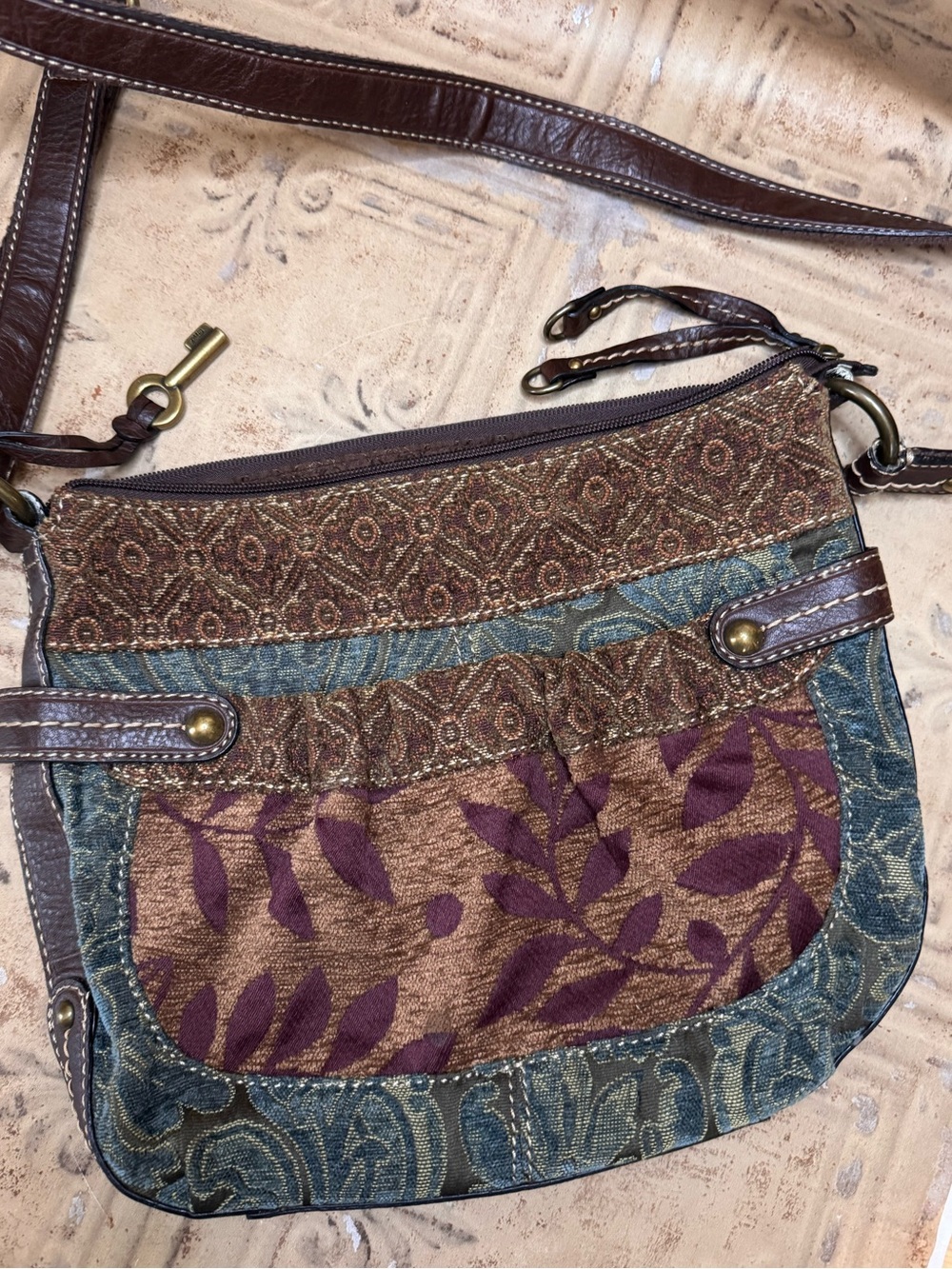 Fossil Brown, Purple & Teal Patterned Crossbody Bag